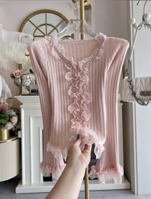 法式小众蕾丝边针织衫上衣女装2025年秋冬修身显瘦喇叭袖毛衣小衫