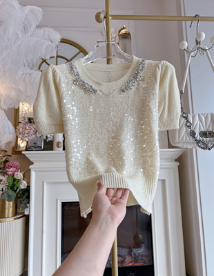 2025年夏季新款甜美短袖薄款针织短袖小衫重工镶钻白搭t恤女上衣