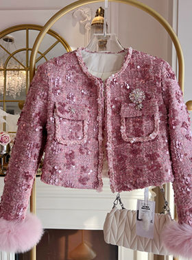 轻奢风重工镶钻羽绒服开衫女2025年冬季狐狸毛长袖亮片小香风外套