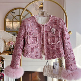 轻奢风重工镶钻羽绒服开衫女2025年冬季狐狸毛长袖亮片小香风外套