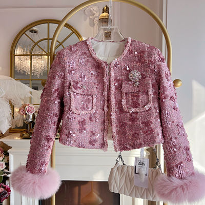 轻奢风重工镶钻羽绒服开衫女2026年冬季狐狸毛长袖亮片小香风外套