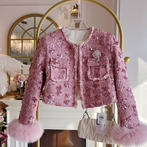 轻奢风重工镶钻羽绒服开衫女2026年冬季狐狸毛长袖亮片小香风外套