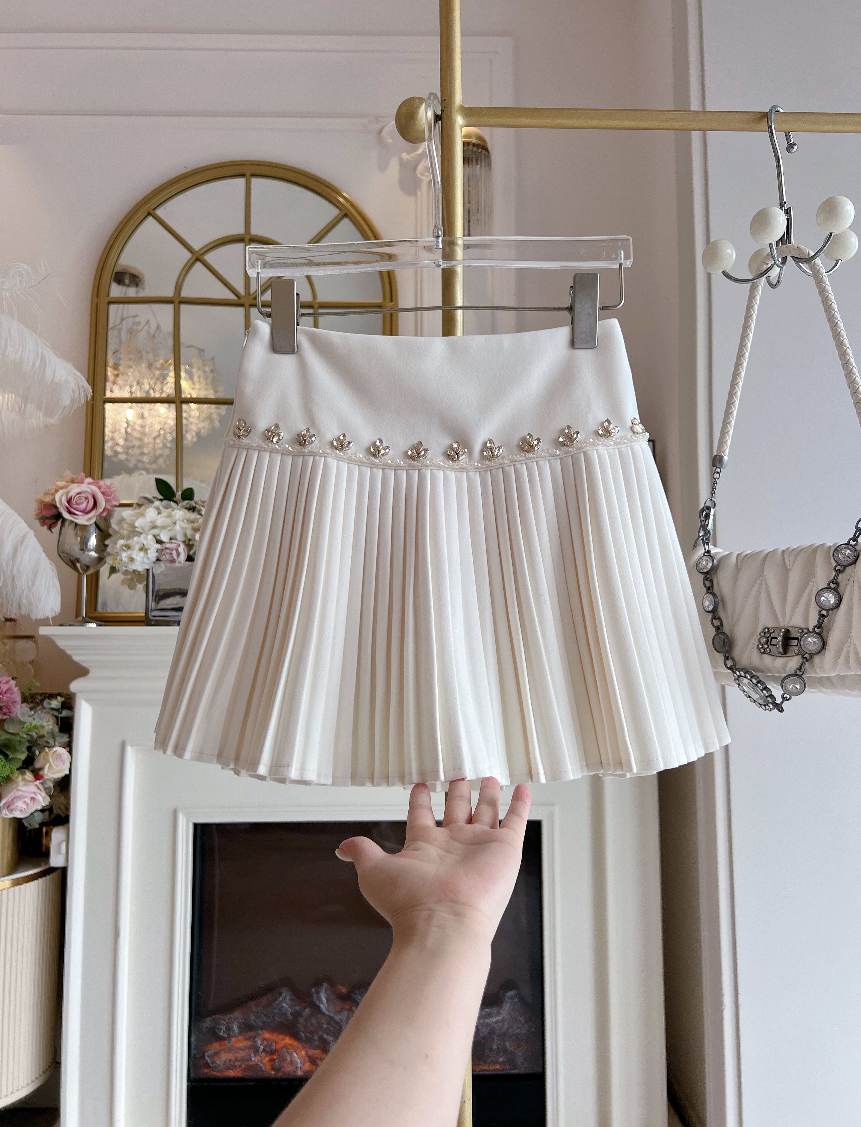 名媛风气质百褶裙女2025年秋冬重工水钻高腰显瘦A字裙半身裙短裙