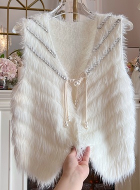 水貂毛长毛马夹外套女装冬季重工镶钻宽松百搭加厚毛衣针织衫马甲