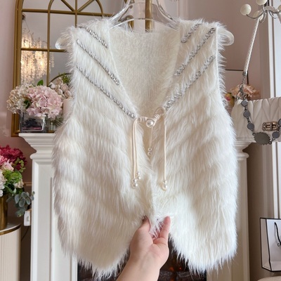 水貂毛长毛马夹外套女装冬季重工镶钻宽松百搭加厚毛衣针织衫马甲