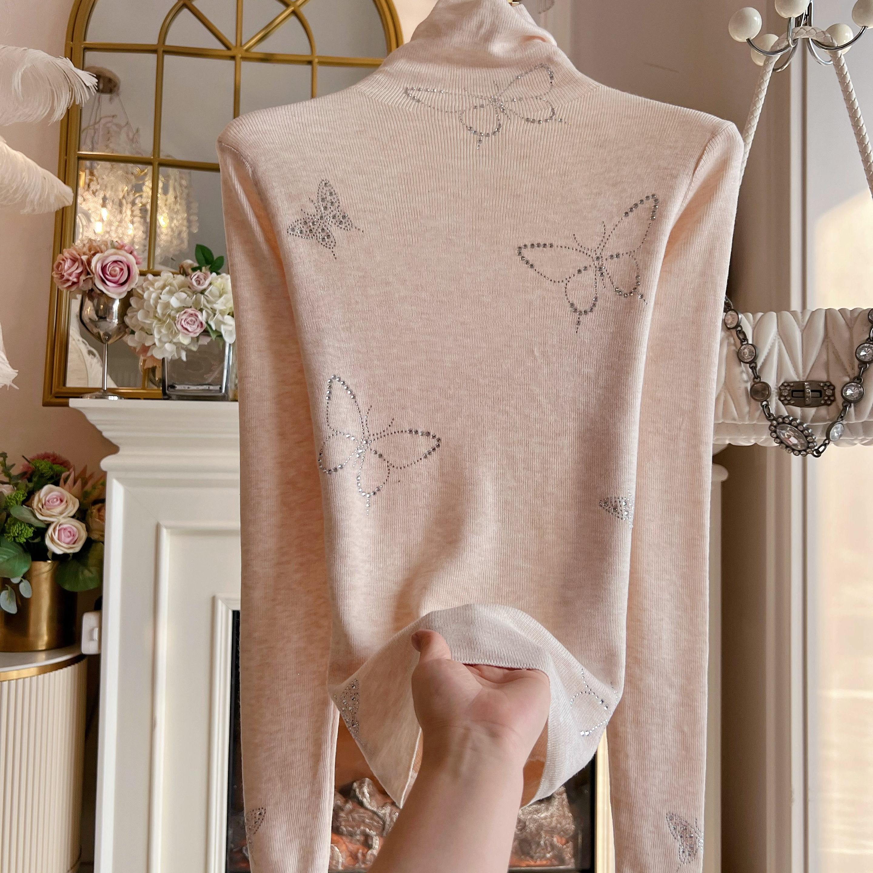 2025年冬季新款修身显瘦气质打底衫内搭上衣重工烫钻蝴蝶针织衫女