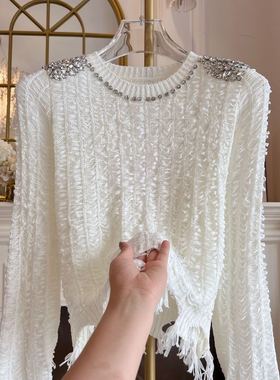气质潮流针织衫女装2025年秋季重工肩膀镶钻流苏不规则毛衣打底衫