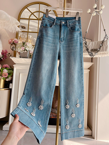 2026年春季新款重工镶钻直筒裤九分裤高腰显瘦气质弹力烟管裤女装