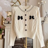 软糯加厚毛衣女装 冬2025年设计感重工镶钻单排扣宽松麻花针织开衫