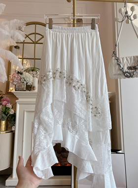 重工钉珠蕾丝半身裙女2025年高腰显瘦不规则气质白色A字裙短裙子