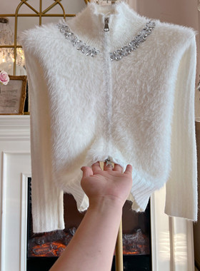 2025年冬季重工镶钻拉链高领水貂绒毛衣外套拼接针织长袖开衫女装