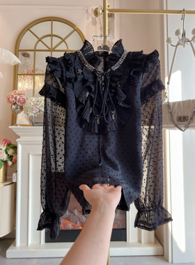 韩国设计感黑色蕾丝衫女装2026年春季荷叶边绑带镶钻宽松套头衬衣