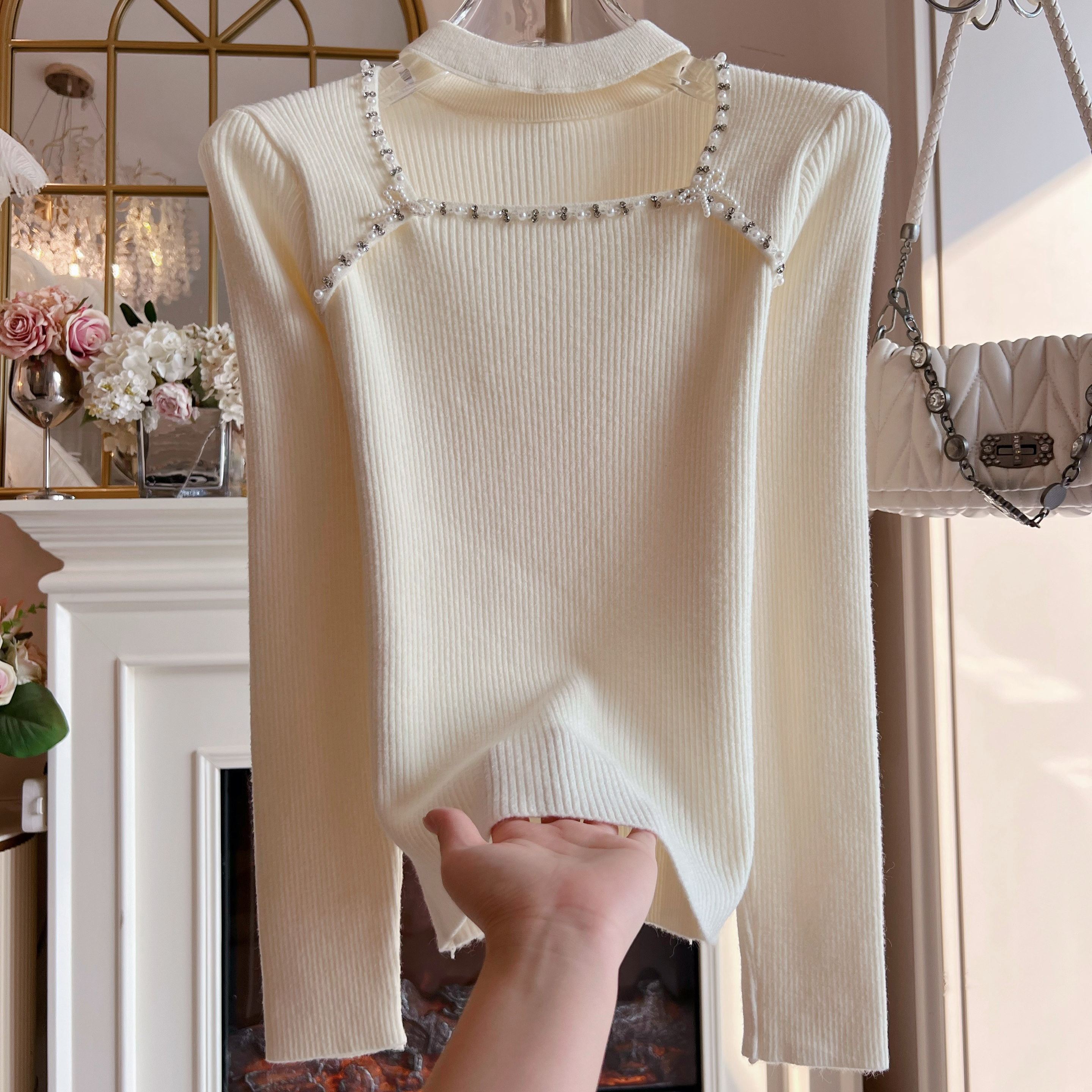 温柔风气质宽松套头毛衣上衣重工水钻挂脖镂空修身长袖针织衫女装