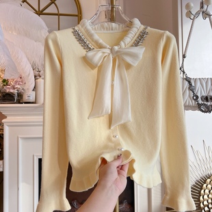 毛衣女装 2024年冬季 木耳边针织衫 重工镶钻蝴蝶结宽松长袖 潮 新款
