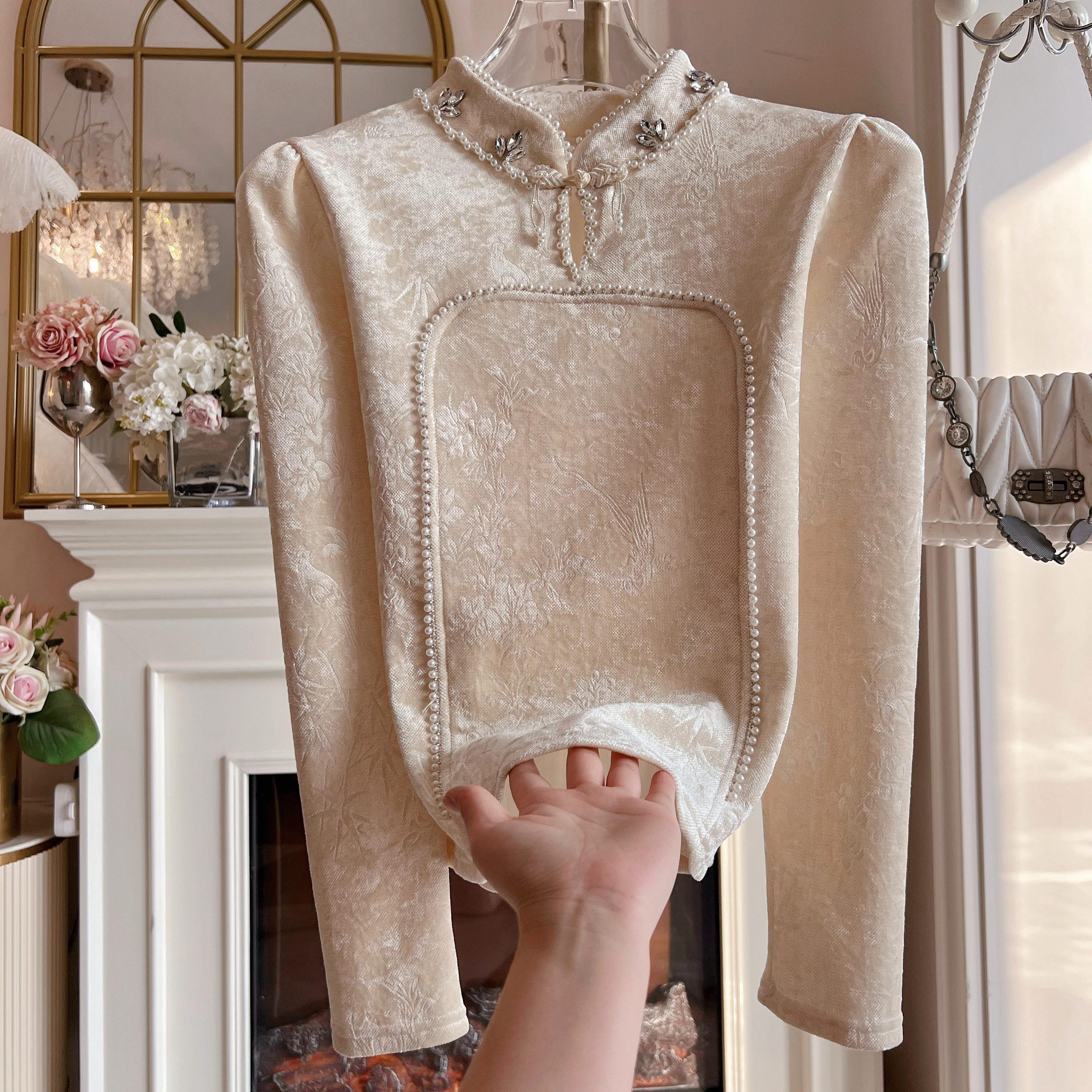 加绒加厚新中式国风刺绣上衣打底衫女装重工盘扣镶钻长袖修身小衫