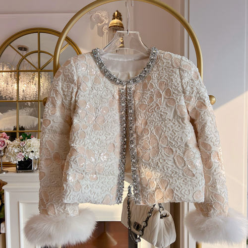 名媛风气质羽绒内胆开衫女装2025冬季狐狸毛重工亮片小香风短外套