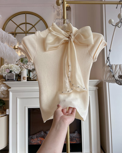 小香风2025年夏季蝴蝶结显瘦短袖薄款针织衫重工镶钻短袖T恤女装