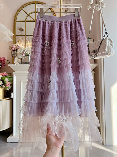 2026年春季新款重工镶钻蛋糕裙长裙渐变色气质百搭纱裙半身裙女装