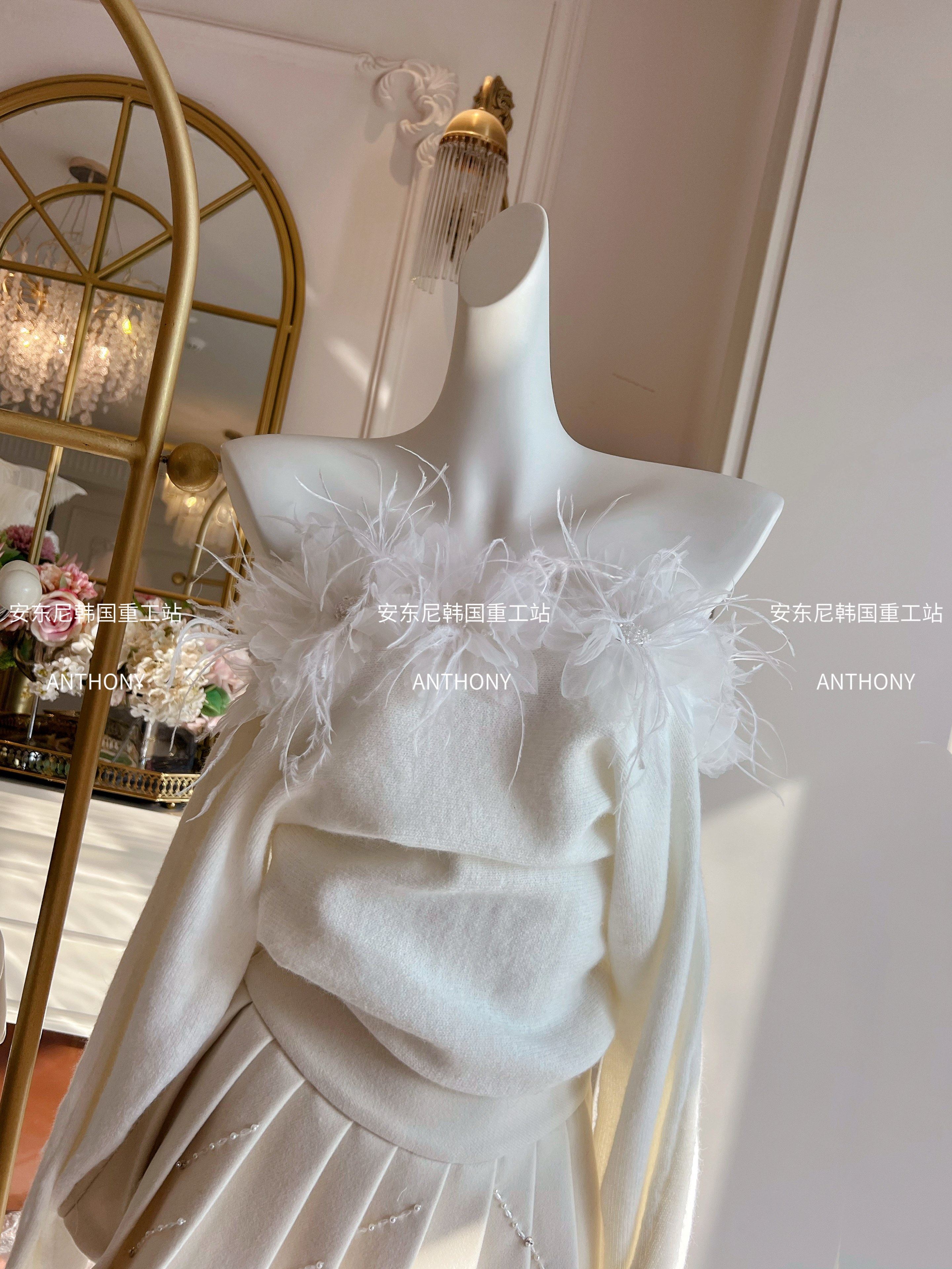 小香风法式小众甜美气质针织衫女装设计感重工镶钻长袖一字肩毛衣