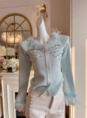 名媛风气质蓝色鸵鸟毛针织衫法式小众甜美修身显瘦长袖镶钻毛衣女