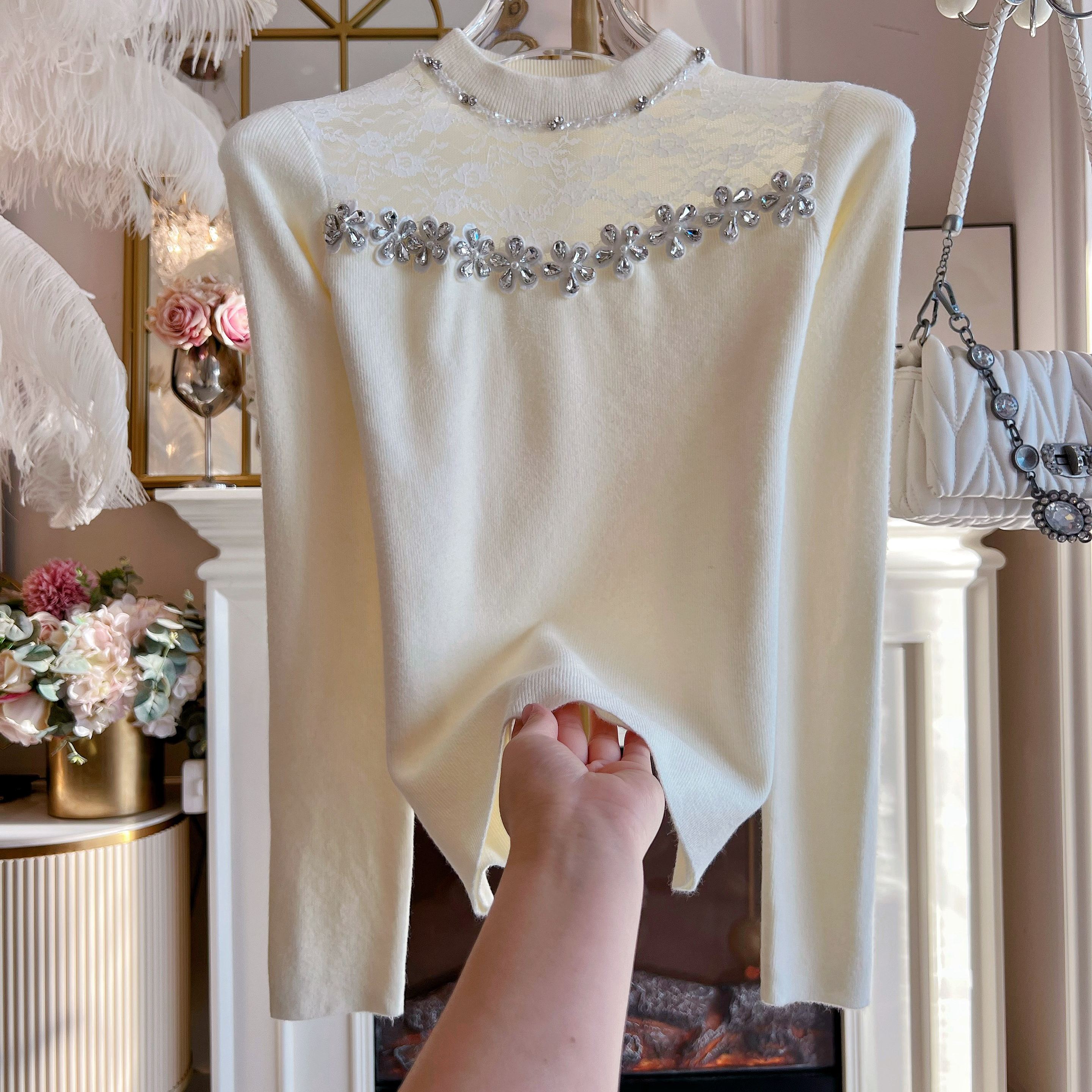 纯欲风修身显瘦打底衫女装2025年秋冬重工镶钻拼接网纱蕾丝针织衫