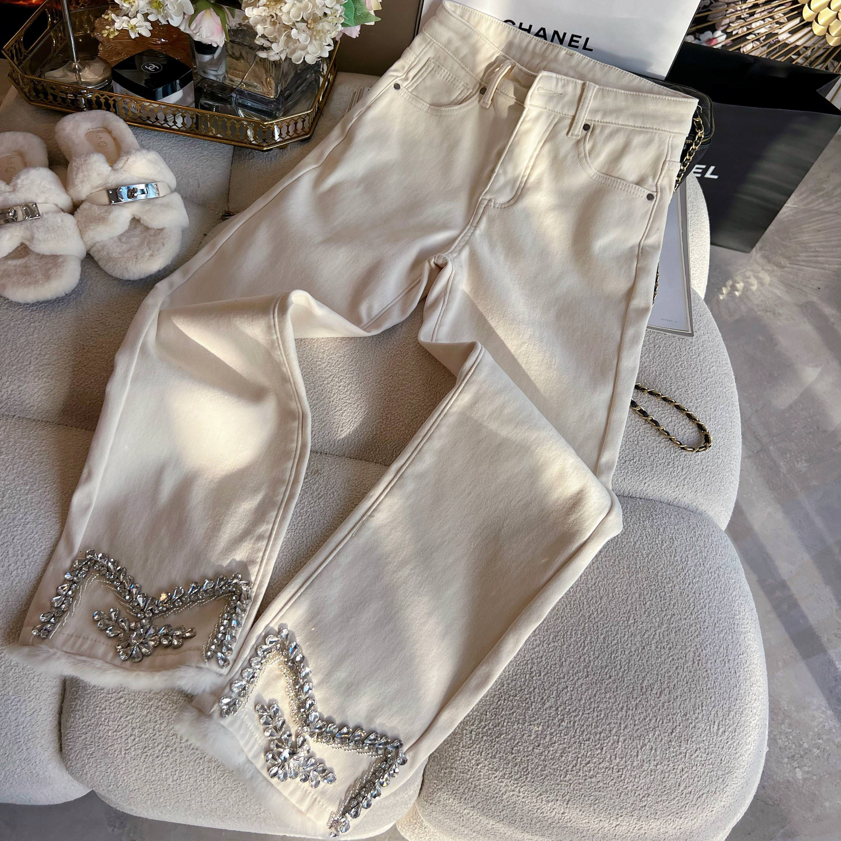 加绒加厚小个子牛仔裤女装设计感拼接毛毛镶钻高腰显瘦直筒裤冬季