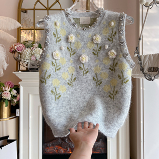 马海毛毛衣马甲背心女2025年秋冬新款 立体感镶钻宽松针织复古马夹