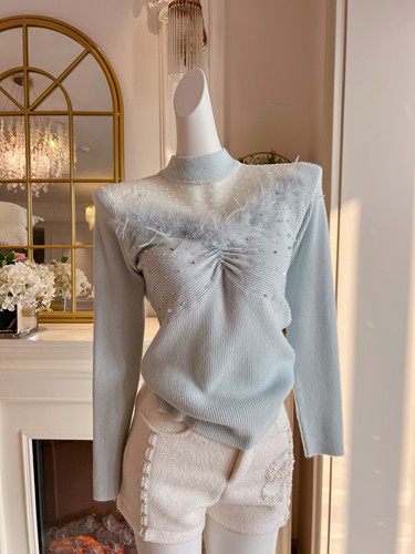 法式小众褶皱修身显瘦针织衫女装设计感重工镶钻鸵鸟毛长袖毛衣潮