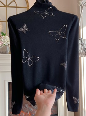 2025年冬季新款高温烫钻蝴蝶结高领打底衫女装重工镶钻黑色针织衫