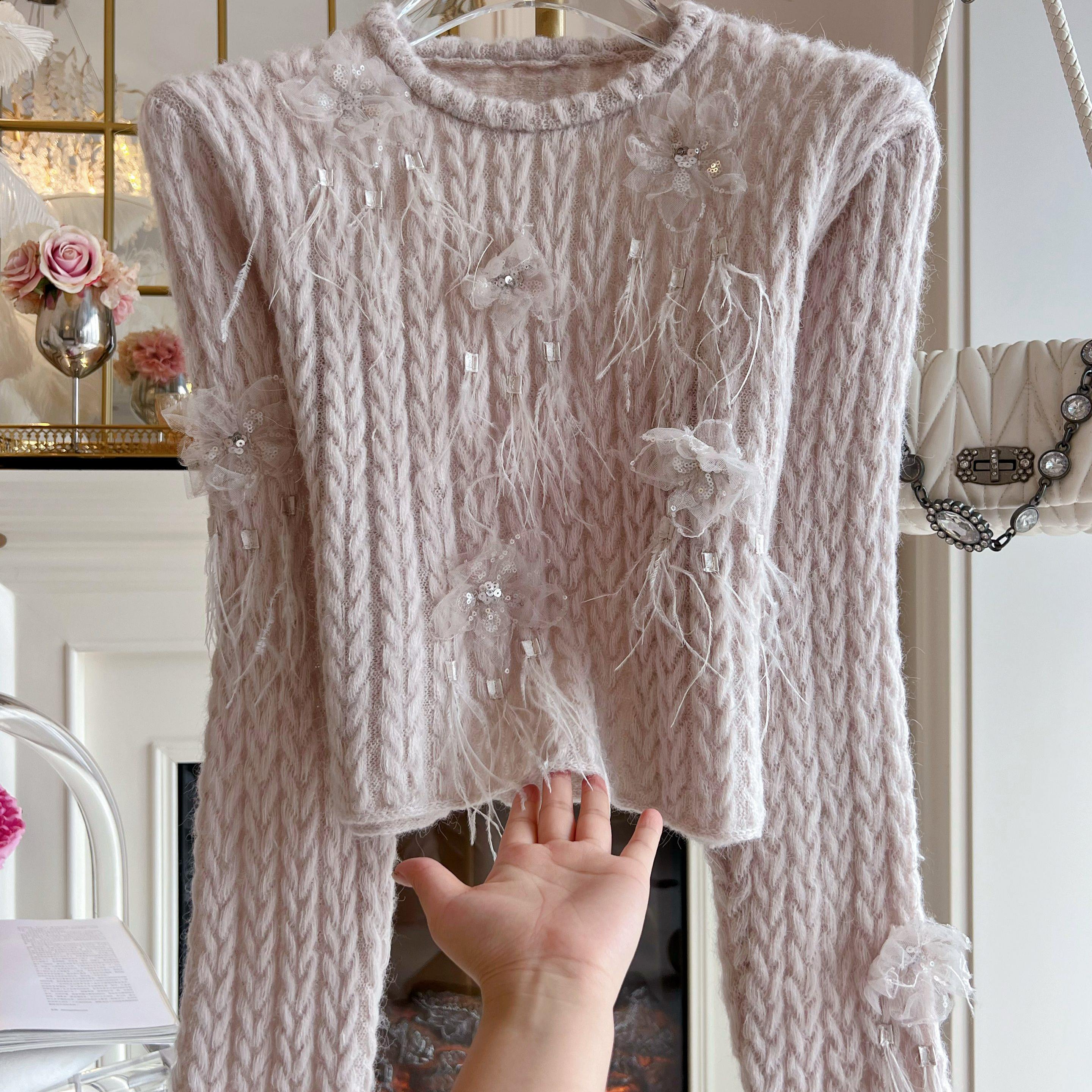 台湾货2025年秋冬新款手工钉珠钉珠毛衣慵懒风甜美软糯长袖针织衫