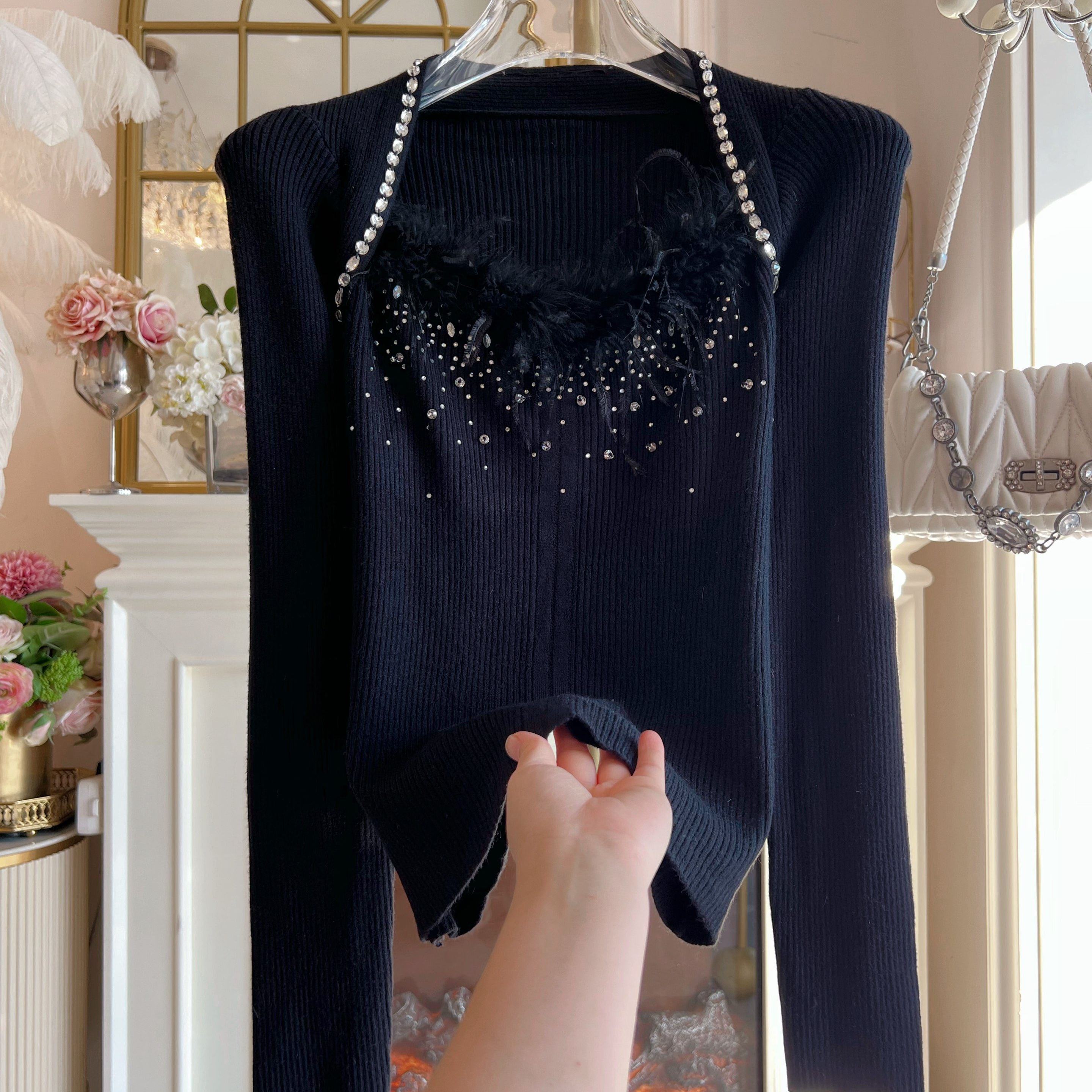 2025年秋冬重工镶钻打底衫毛衣修身显瘦气质名媛风鸵鸟毛针织衫女