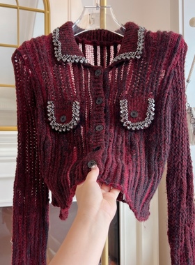 复古红轻奢镶钻毛衣女2024年秋冬新款重工水钻宽松百搭气质针织衫