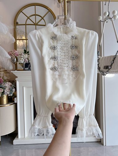 宫廷风气质雪纺衫女2025年秋冬重工水钻宽松蕾丝边喇叭袖衬衣小衫
