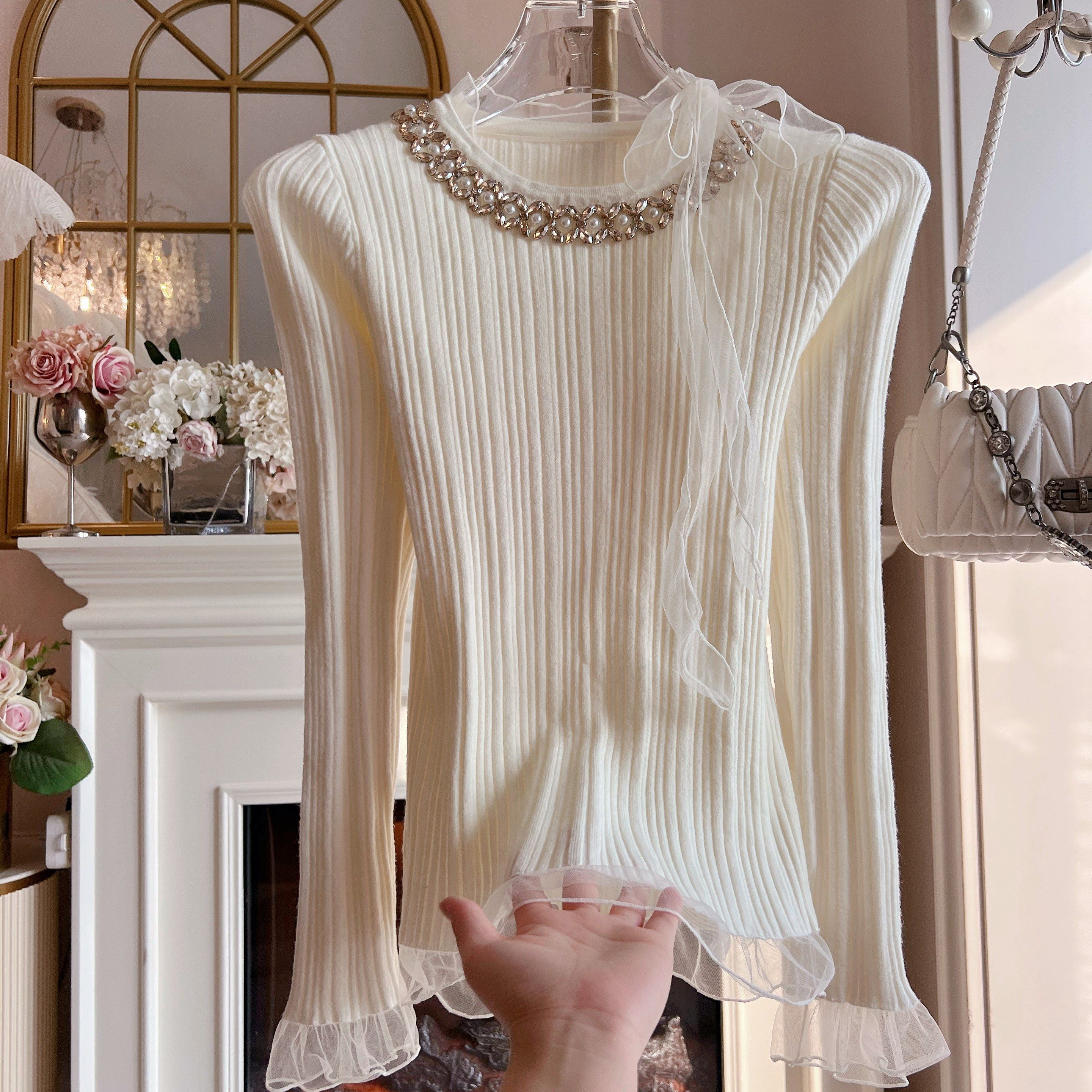 韩国设计感修身显瘦丝巾蝴蝶结针织衫上衣重工镶钻长袖打底毛衣女