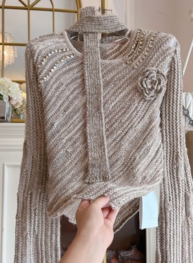 不规则宽松毛衣女装2024年秋冬新款重工镶钻高级感气质百搭针织衫