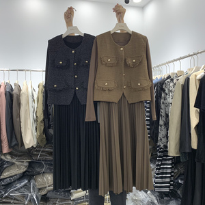 韩版显瘦长袖百褶连衣裙女欧洲站2023秋季新款小香风马甲两件套潮