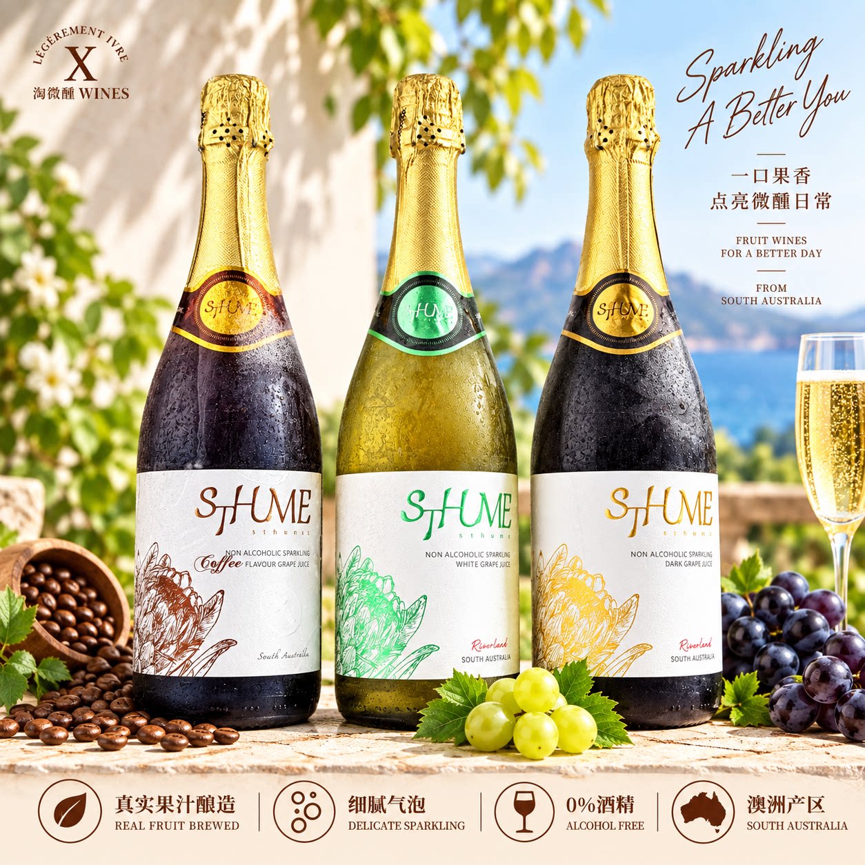 澳州无醇起泡葡萄汁低醇甜白甜红咖啡起泡葡萄酒桃红气泡红酒礼物