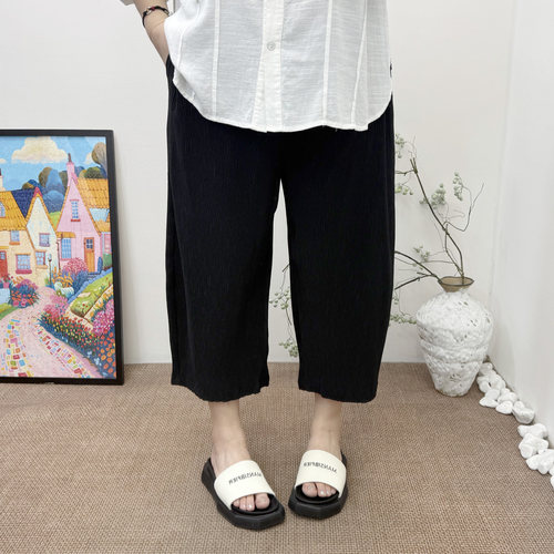 夏季大码女装显瘦百褶九分裤