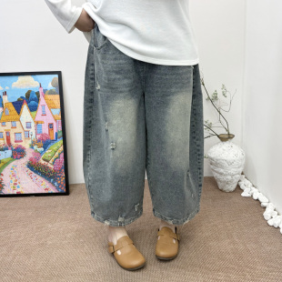 宽松遮肉九分裤 春装 200斤胖mm梨型身材破洞阔腿牛仔裤 女裤 子 大码