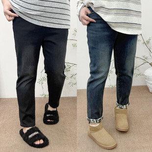 大码 女裤 胖mm修身 铅笔裤 子 显瘦松紧腰加厚加绒保暖小脚牛仔裤 冬季