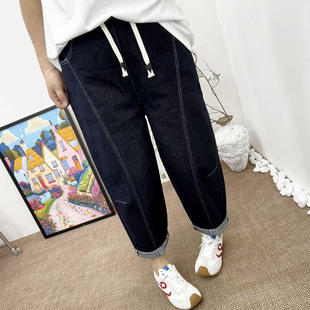 大码女裤 秋季新款200斤胖mm宽松显瘦松紧腰直筒牛仔裤老爹裤长裤