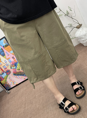 夏大码女裤日系工装风军绿色阔腿裤宽松显瘦直筒七分裤胖mm休闲裤