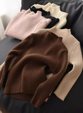 儿童纯色毛衣 坑条弹力针织衫女童半高领打底衫中大童 秋冬款童装