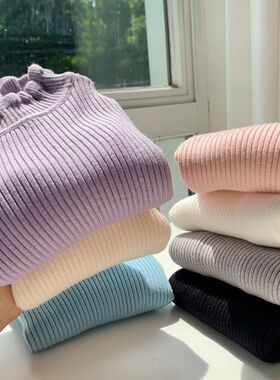 女童秋冬纯色打底毛衣女宝宝半高领内搭新款儿童花边领针织现货