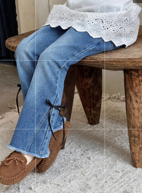 【上新】秋季女童牛仔裤微弹蝴蝶结喇叭裤毛边韩版休闲裤