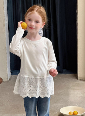 【上新】秋季米色女童T恤蕾丝下摆花边打底衫蝴蝶结长袖合集