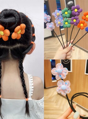 儿童丸子头编发杆网红黄色面包花朵发饰女童花苞头盘发器可爱头饰