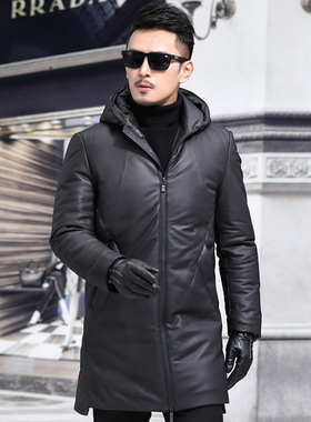 尊信国际黑色绵羊植鞣皮衣商务男中长款羽绒保暖连帽休闲真皮皮衣