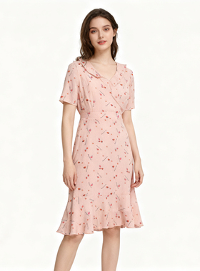 RM系列-时尚气质简约甜美粉色碎花连衣裙显瘦优雅YL902