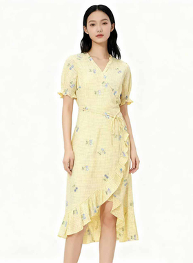 RM系列-时尚气质简约舒适透气黄色碎花收腰连衣裙显瘦款YL909